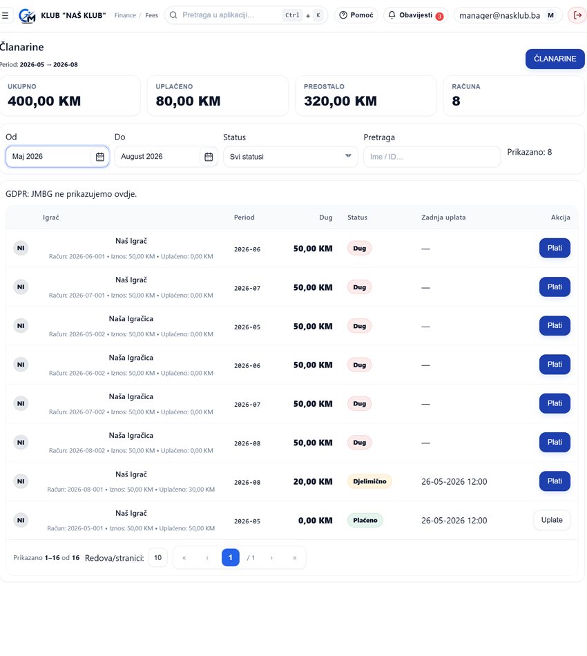 ClubManager Finansije